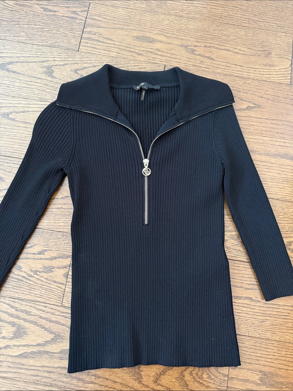 Maje Black Ribbed Zip Polo with Gold Logo Charm